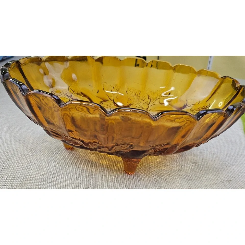 Vintage Amber Indian Glass Fruit Bowl Footed Oval Scalloped Rim Embossed Fruit